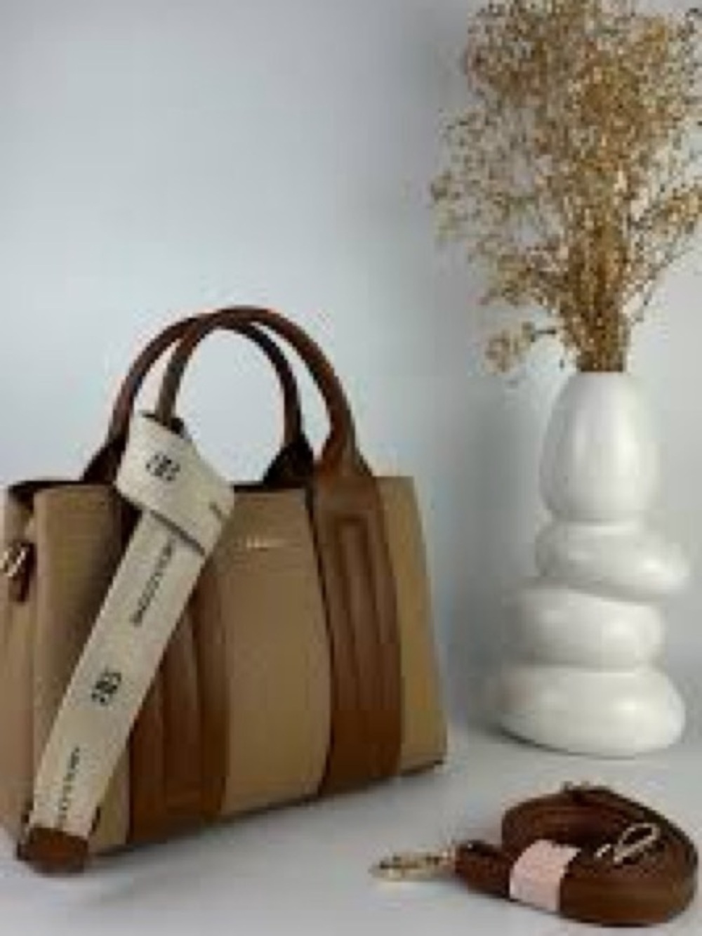 Taupe & Brown Leather Women’s Satchel with Detachable Strap